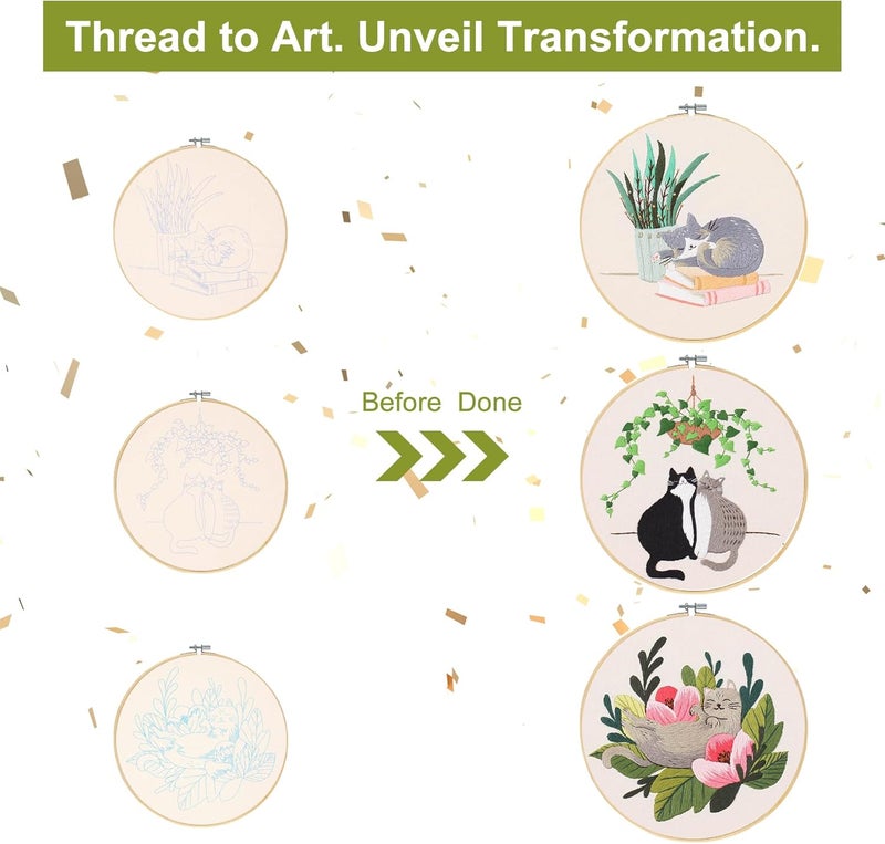 Santune 3 Pack Embroidery Kit for Beginners with Pattern, Cross Stitch Kits for Adults with Instructions,Needlepoint Kits for Adults Include 1 Embroidery Hoops,Color Threads and Needles(Cat) - Image 4